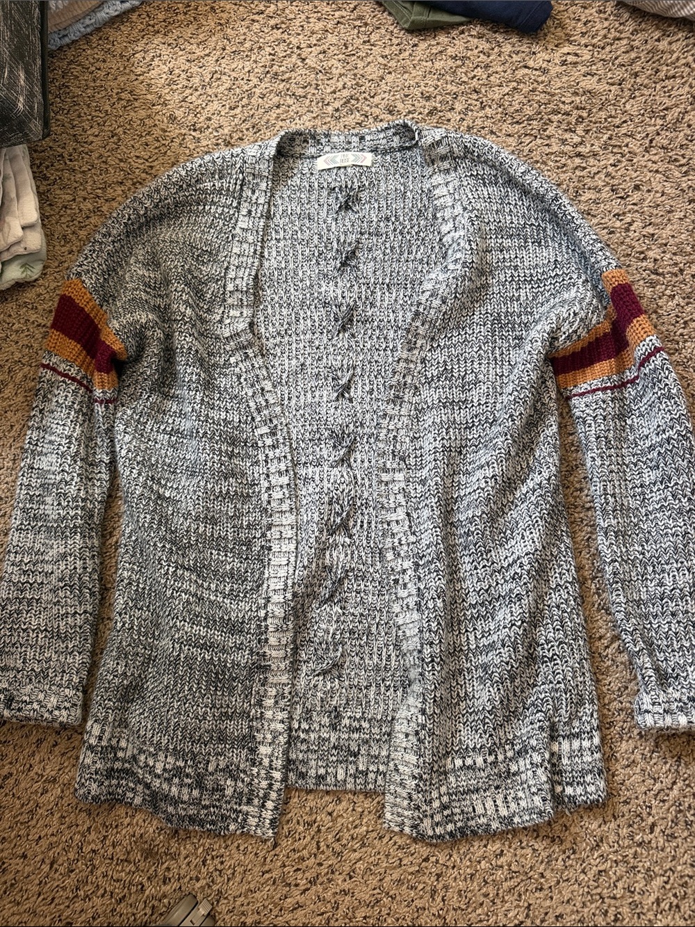 Grey, Black, and White Cardigan with Maroon and Orange strips.